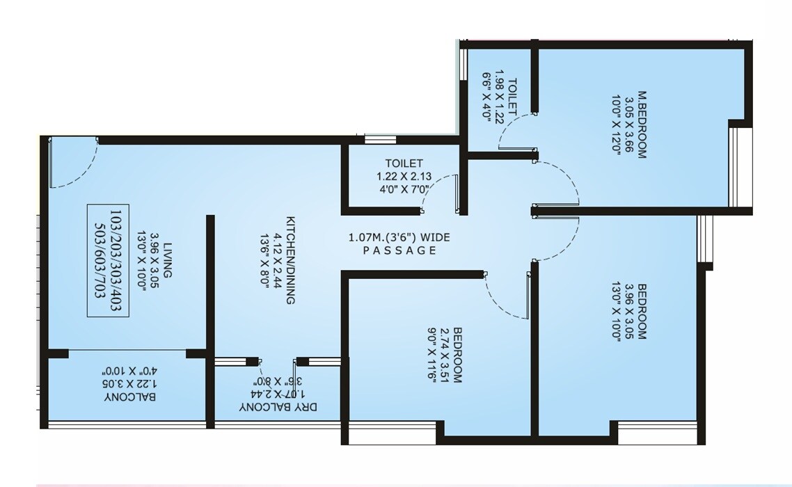 Floor plan of 3 BHK 775 Sq. Ft. Apartment in Aarav Blossom, Pune