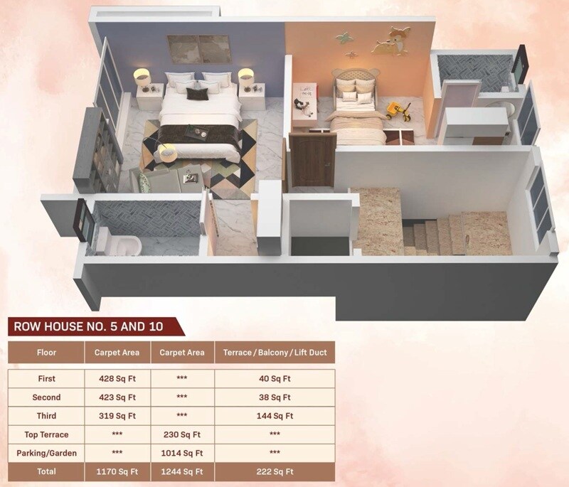 Floor plan of 2 BHK 1170 Sq. Ft. Row House in Aarav Palm Springs, Pune