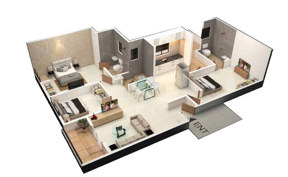 Floor plan of 3 BHK 1053 Sq. Ft. Apartment in Aasara Smart Nest Samruddhi, Pune