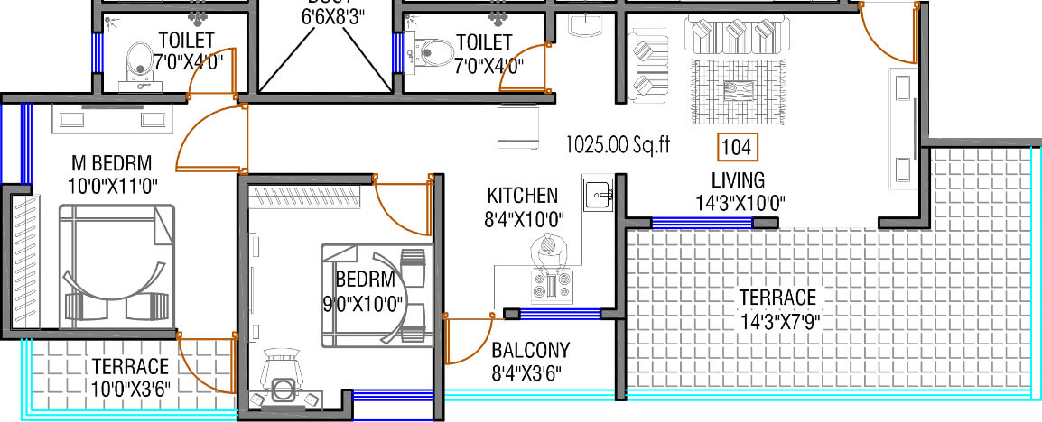 Floor plan of 2 BHK 1000 Sq. Ft. Apartment in Aashish Nandanvan, Pune