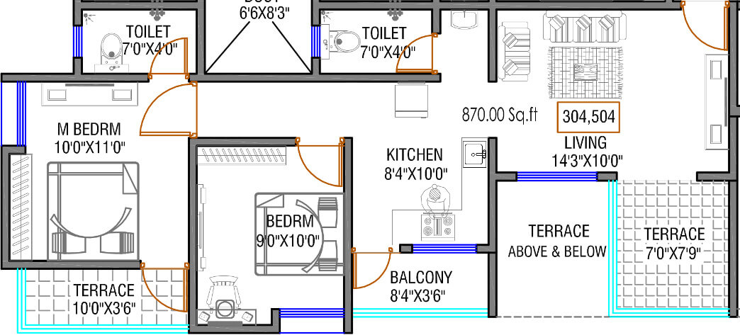 Floor plan of 2 BHK 1025 Sq. Ft. Apartment in Aashish Nandanvan, Pune