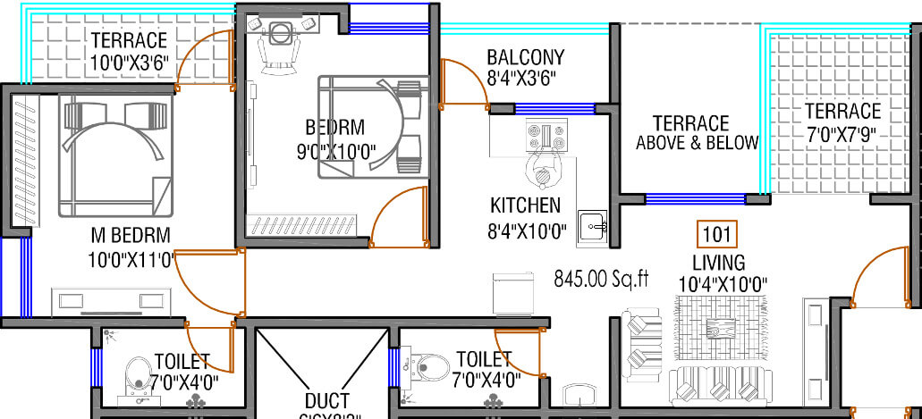 Floor plan of 2 BHK 801 Sq. Ft. Apartment in Aashish Nandanvan, Pune