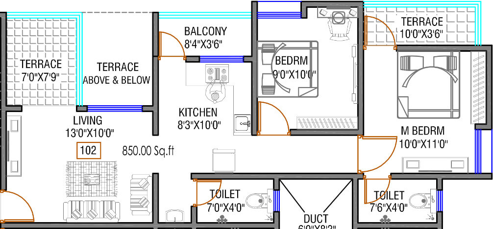Floor plan of 2 BHK 850 Sq. Ft. Apartment in Aashish Nandanvan, Pune