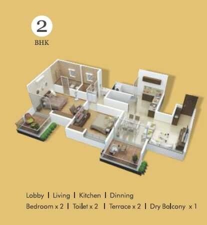 Floor plan of 2 BHK 990 Sq. Ft. Apartment in Aastha Bhama Pearl, Pune