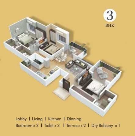 Floor plan of 3 BHK 1316 Sq. Ft. Apartment in Aastha Bhama Pearl, Pune