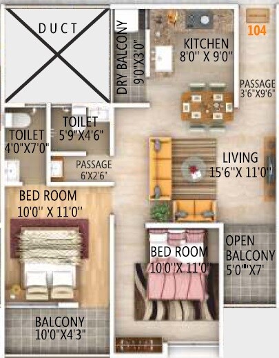 Floor plan of 2 BHK 696 Sq. Ft. Apartment in Aatria Greens, Pune