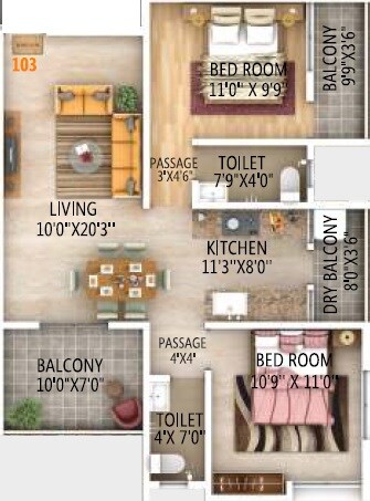 Floor plan of 2 BHK 773 Sq. Ft. Apartment in Aatria Greens, Pune