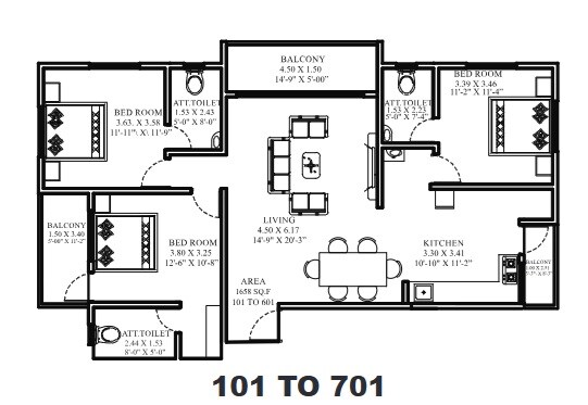 Floor plan of 3 BHK 1228 Sq. Ft. Apartment in Aavani Angad Park, Pune