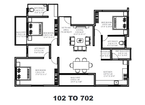 Floor plan of 3 BHK 1319 Sq. Ft. Apartment in Aavani Angad Park, Pune