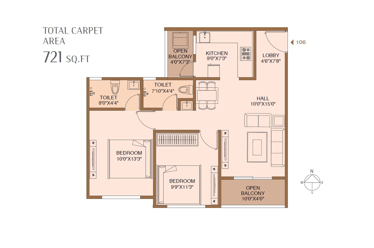 Floor plan of 2 BHK 721 Sq. Ft. Apartment in Aayush Elara, Pune