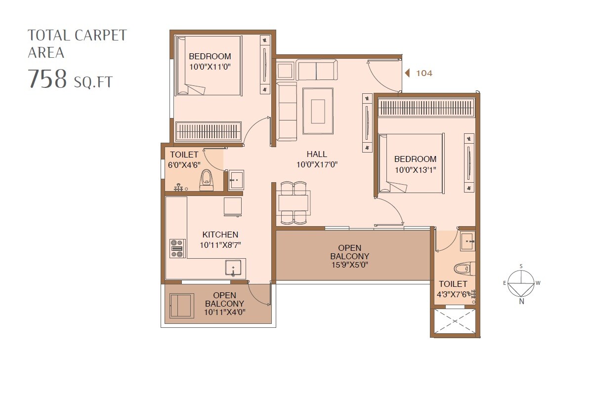 Floor plan of 2 BHK 758 Sq. Ft. Apartment in Aayush Elara, Pune