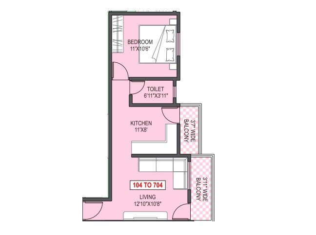 Floor plan of 1 BHK 490 Sq. Ft. Apartment in Aayush Wisteria, Pune