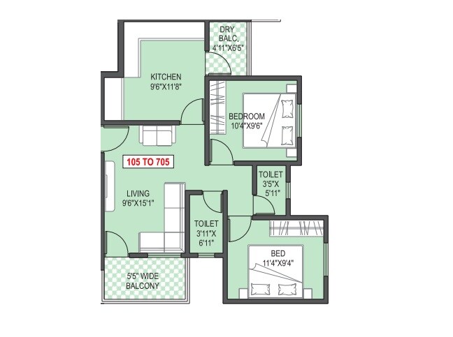 Floor plan of 2 BHK 678 Sq. Ft. Apartment in Aayush Wisteria, Pune