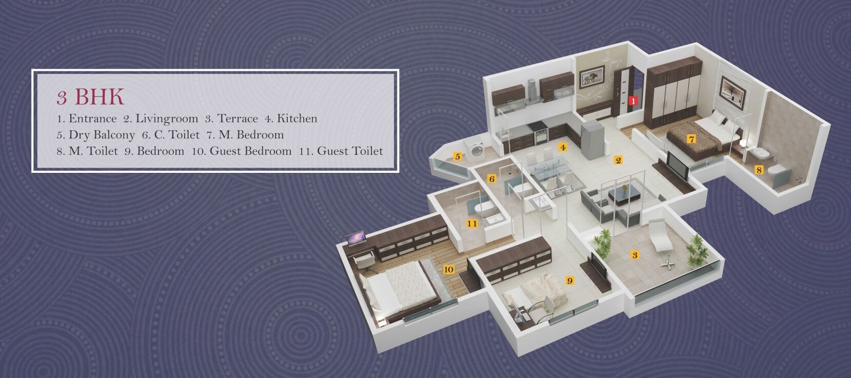 Floor plan of 3 BHK Apartment - 773 sq. ft. in AB Landmarks Elysium, Pune