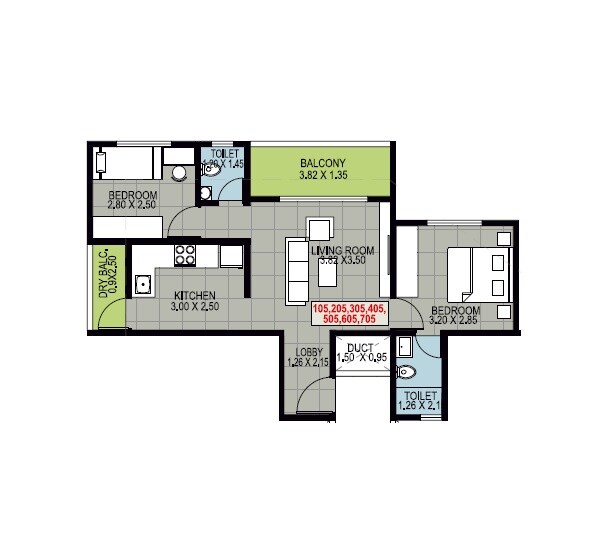 Floor plan of 2 BHK 622 Sq. Ft. Apartment in AB Sparkline Residency, Pune