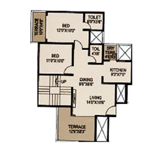 Floor plan of 2 BHK 866 Sq. Ft. Apartment in ABC Courtyard 15, Pune