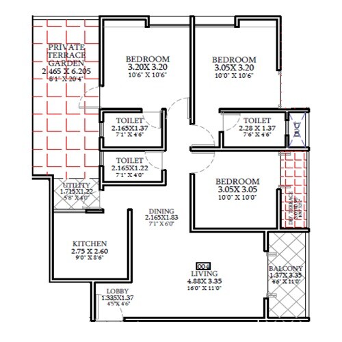 Floor plan of 3 BHK 1048 Sq. Ft. Apartment in ABC Courtyard 15, Pune
