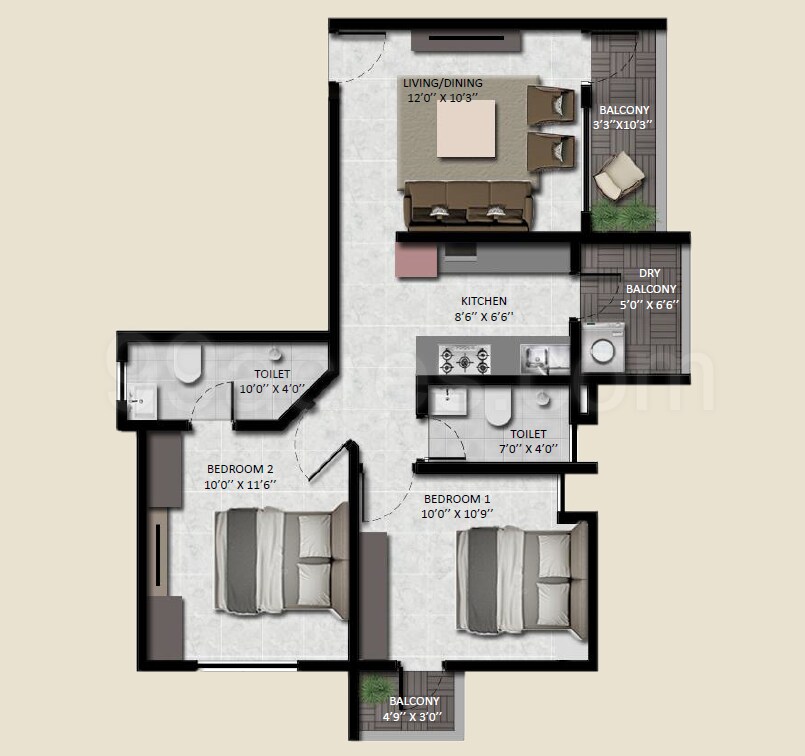 2 BHK 610 Sq. Ft. Apartment