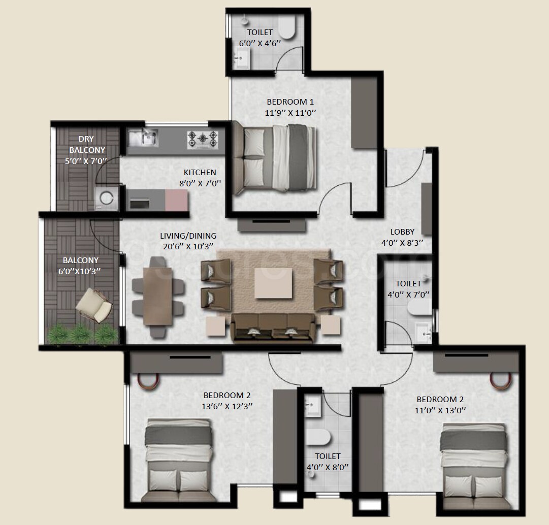 Floor plan of 3 BHK 1005 Sq. Ft. Apartment in Abhilasha Apartment Kothrud, Pune