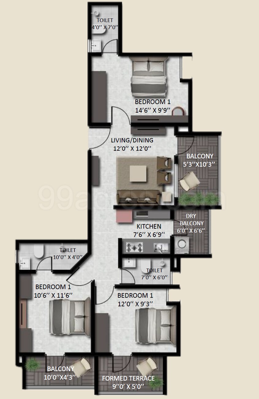 3 BHK 950 Sq. Ft. Apartment