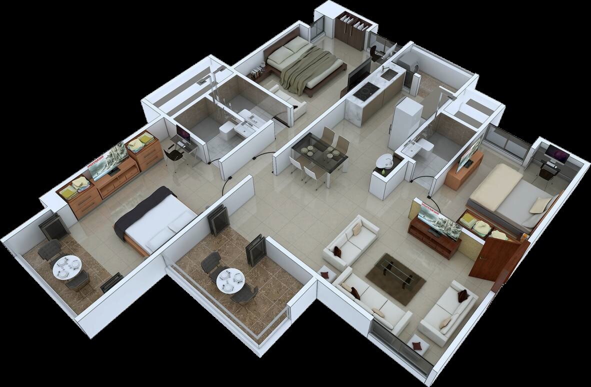 Floor plan of 3 BHK 1100 Sq. Ft. Apartment in Abhilasha Hermes Paras 3, Pune