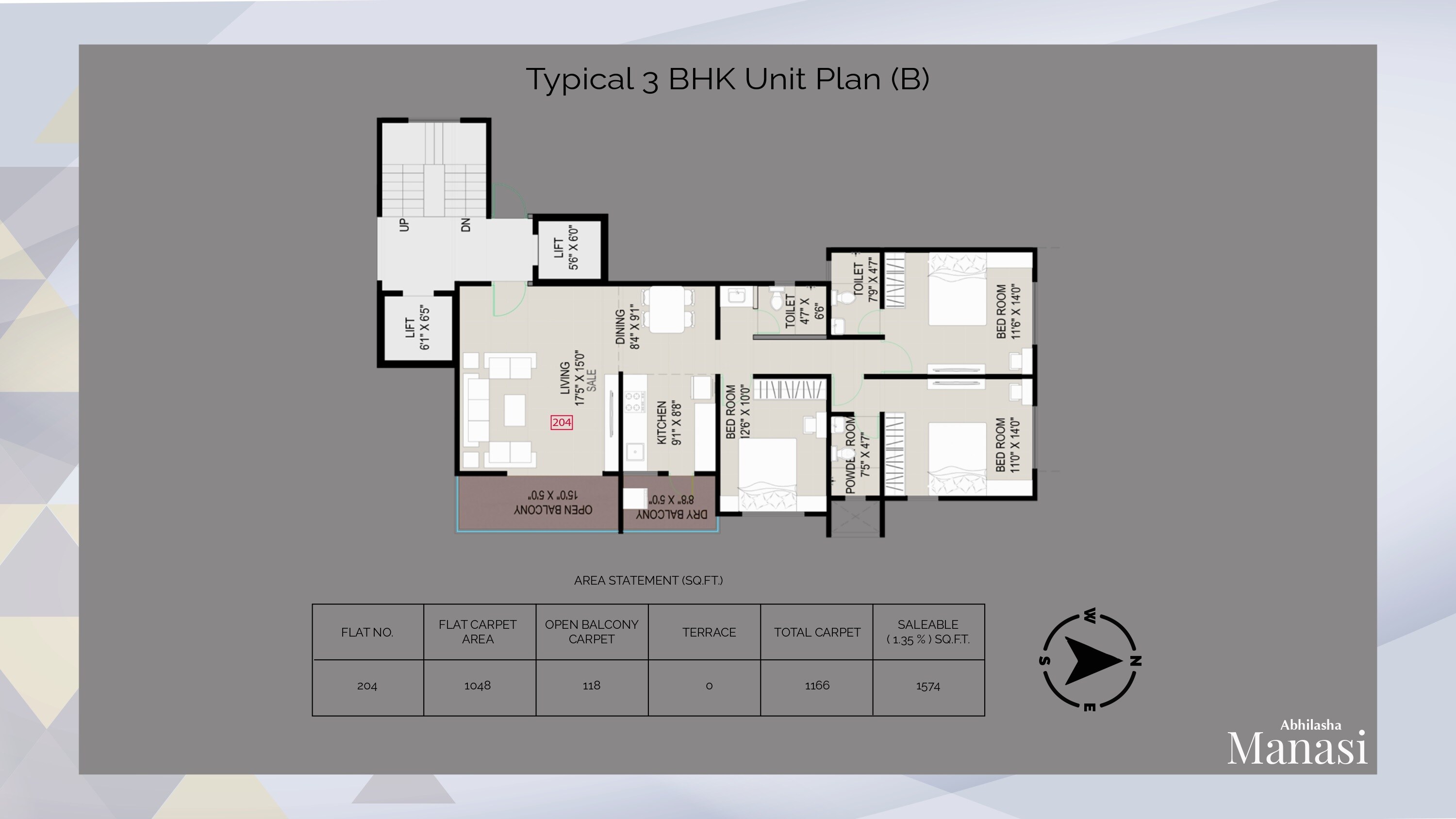 Floor plan of 3 BHK 1143 Sq. Ft. Apartment in Abhilasha Manasi, Pune