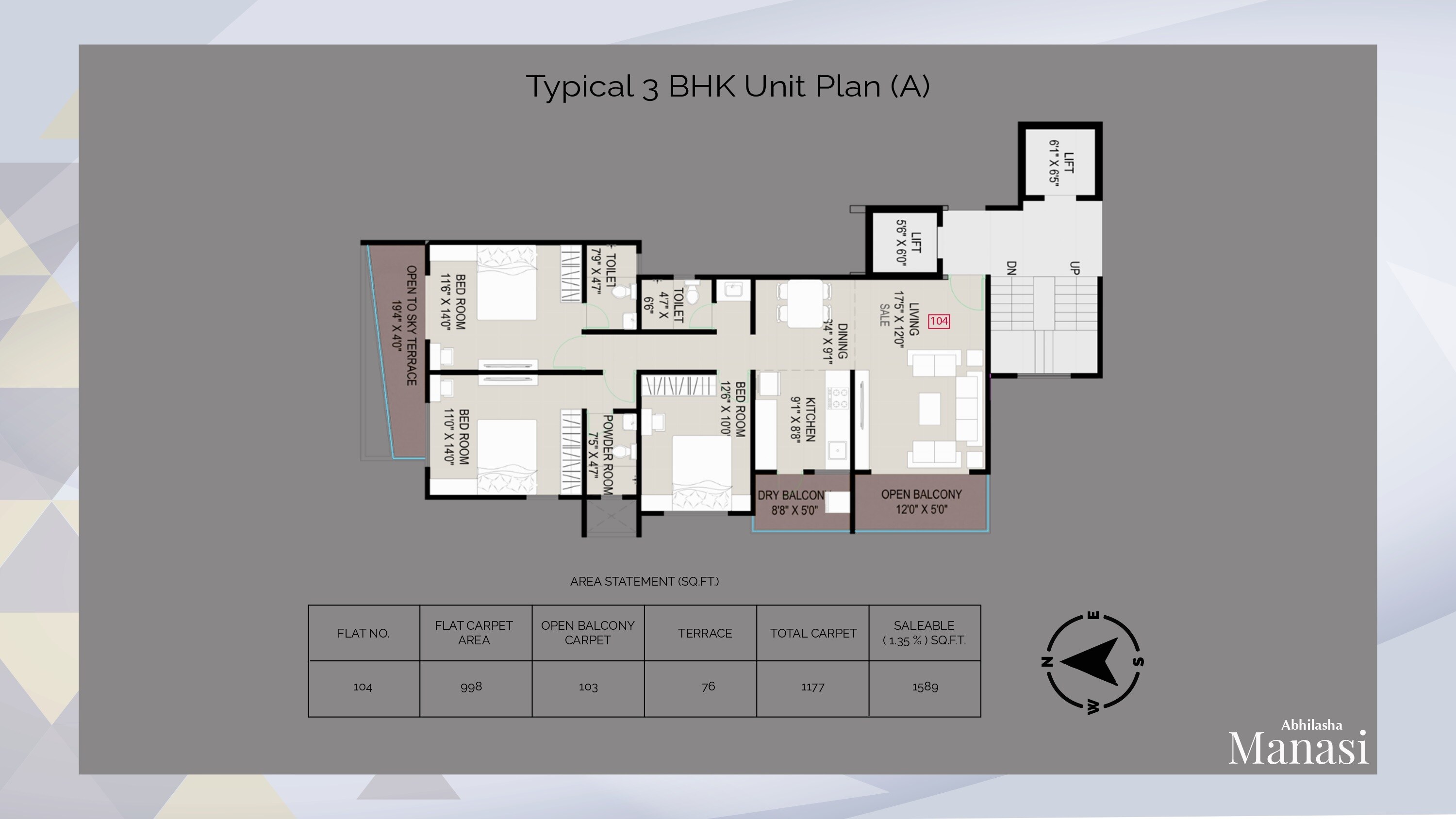 Floor plan of 3 BHK 1386 Sq. Ft. Apartment in Abhilasha Manasi, Pune