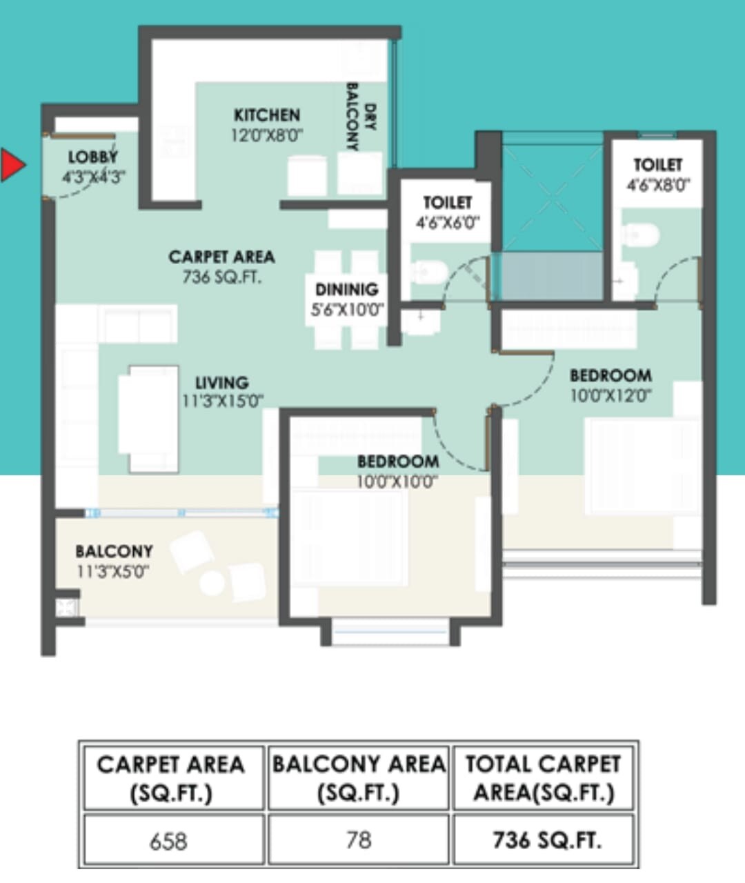 Floor plan of 2 BHK 736 Sq. Ft. Apartment in Abhinav Pebbles Greenfields, Pune