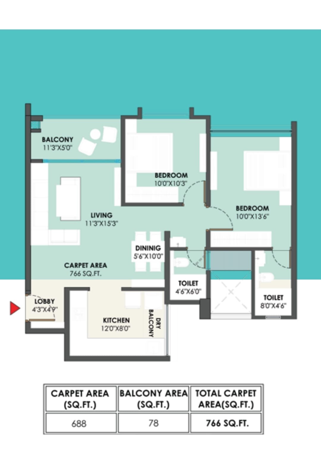 Floor plan of 2 BHK 766 Sq. Ft. Apartment in Abhinav Pebbles Greenfields, Pune