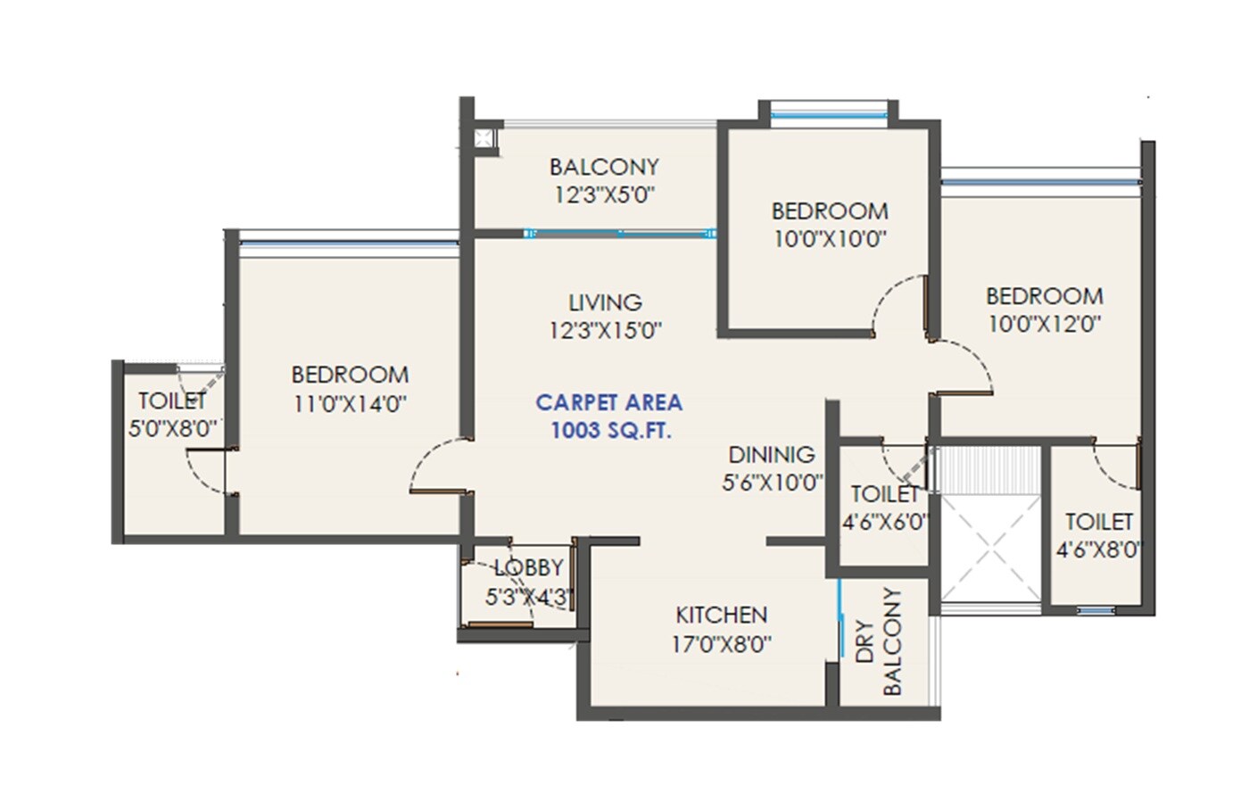 Floor plan of 3 BHK 1003 Sq. Ft. Apartment in Abhinav Pebbles Greenfields, Pune