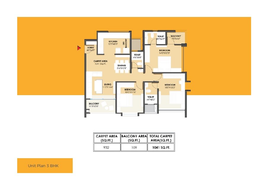 Floor plan of 3 BHK 1041 Sq. Ft. Apartment in Abhinav Pebbles Greenfields, Pune