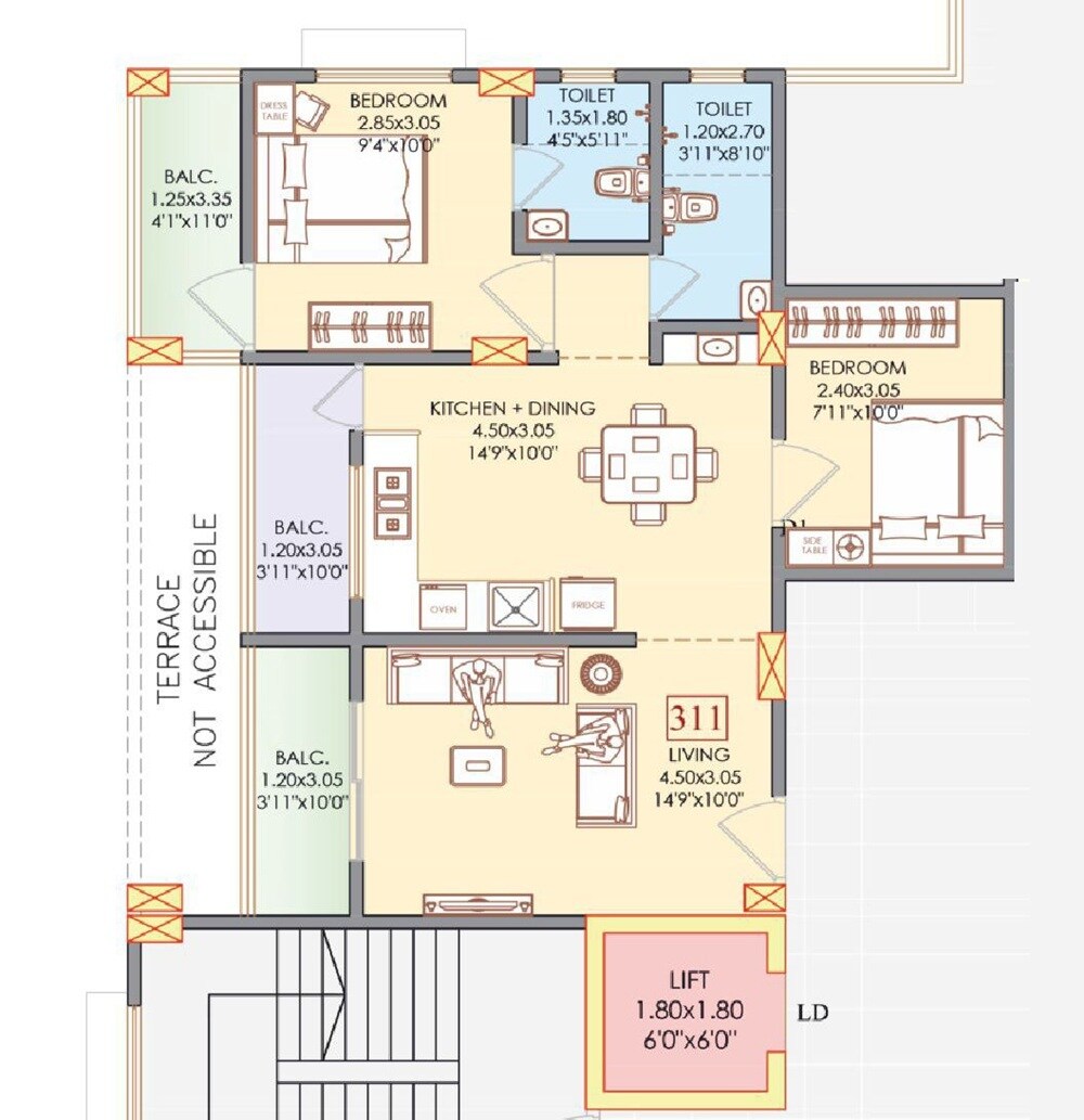 Floor plan of 2 BHK 636 Sq. Ft. Apartment in Abhishek Meadows, Pune