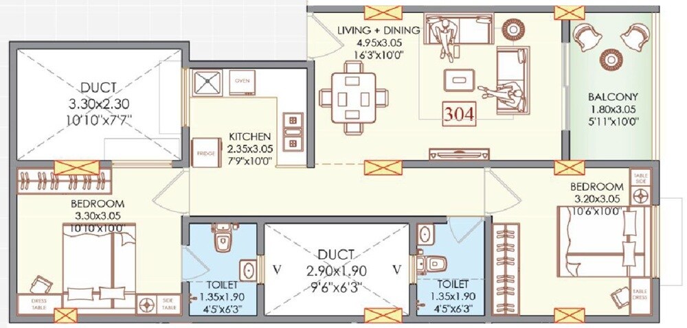 Floor plan of 2 BHK 707 Sq. Ft. Apartment in Abhishek Meadows, Pune