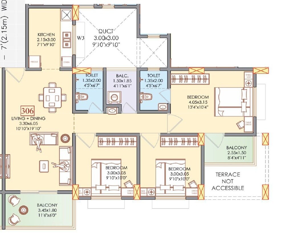 Floor plan of 3 BHK 912 Sq. Ft. Apartment in Abhishek Meadows, Pune