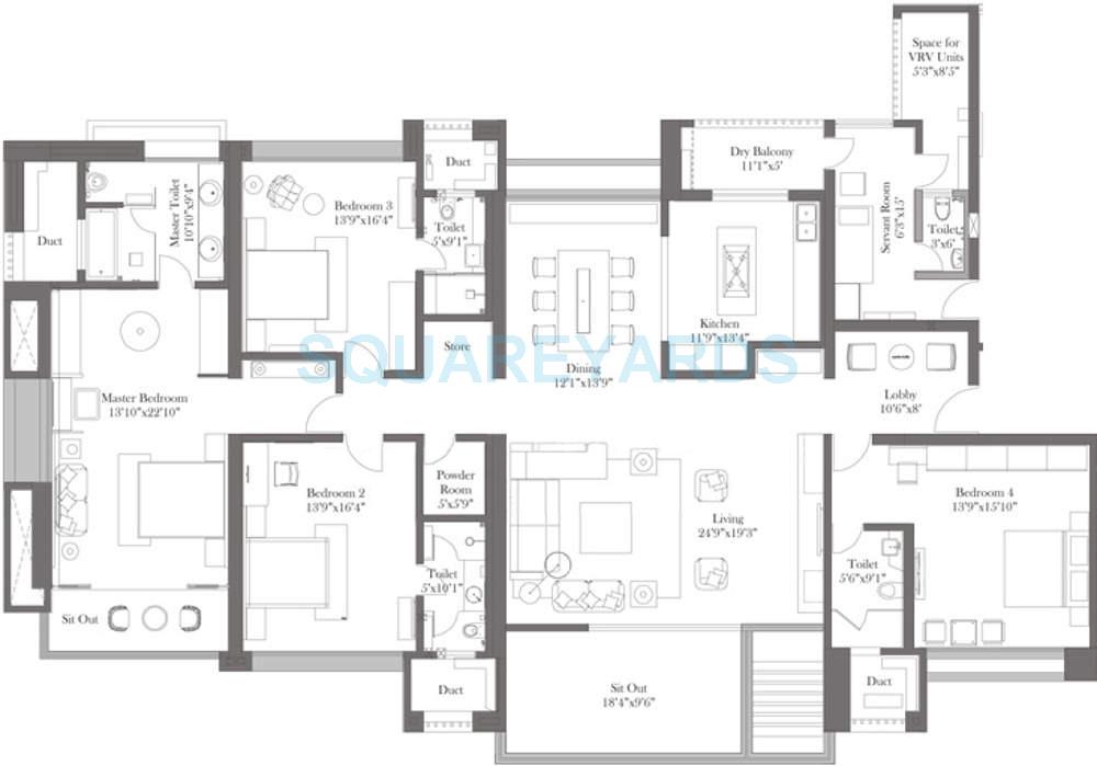 Floor plan of 4 BHK 4000 Sq. Ft. Apartment in ABIL Castel Royale Grande, Pune