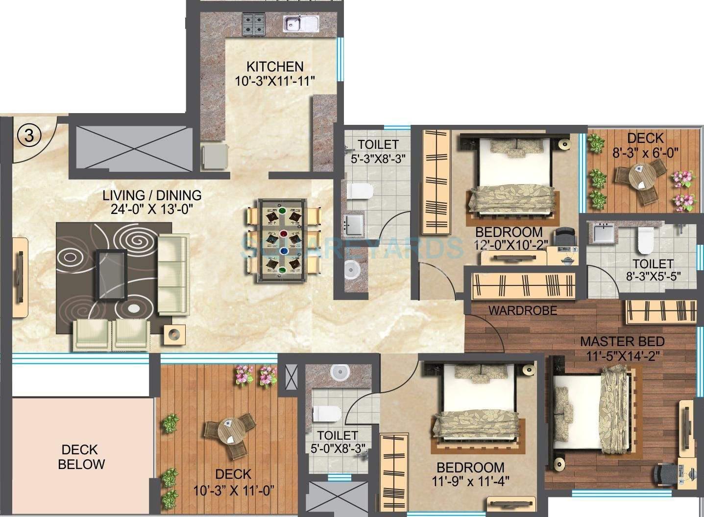 Floor plan of 3 BHK 2110 Sq. Ft. Apartment in ABIL Imperial, Pune