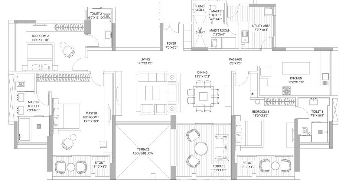 Floor plan of 3 BHK 2343 Sq. Ft. Apartment in ABIL Verde, Pune