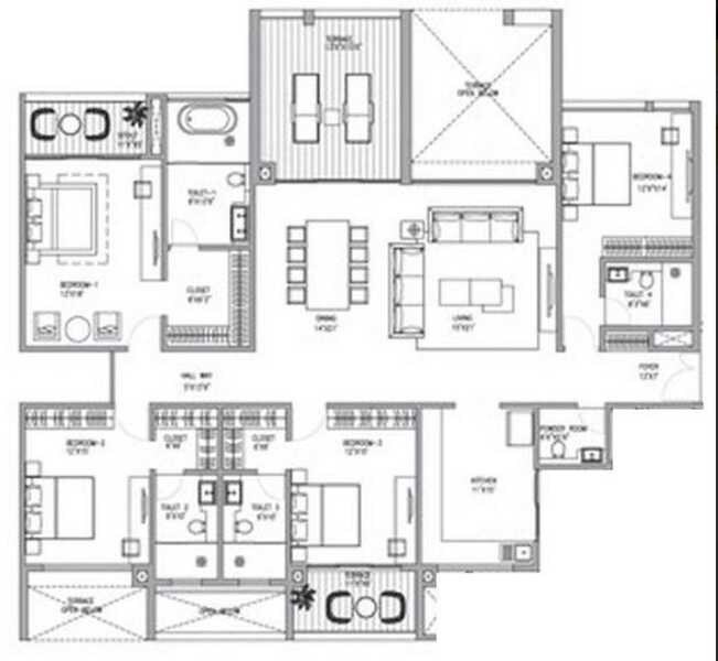 Floor plan of 4 BHK 2447 Sq. Ft. Apartment in ABIL Verde, Pune