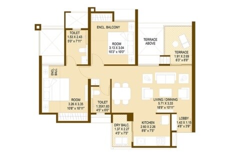 Floor plan of 2 BHK 551 Sq. Ft. Apartment in Abisky Ritkriti Valora, Pune