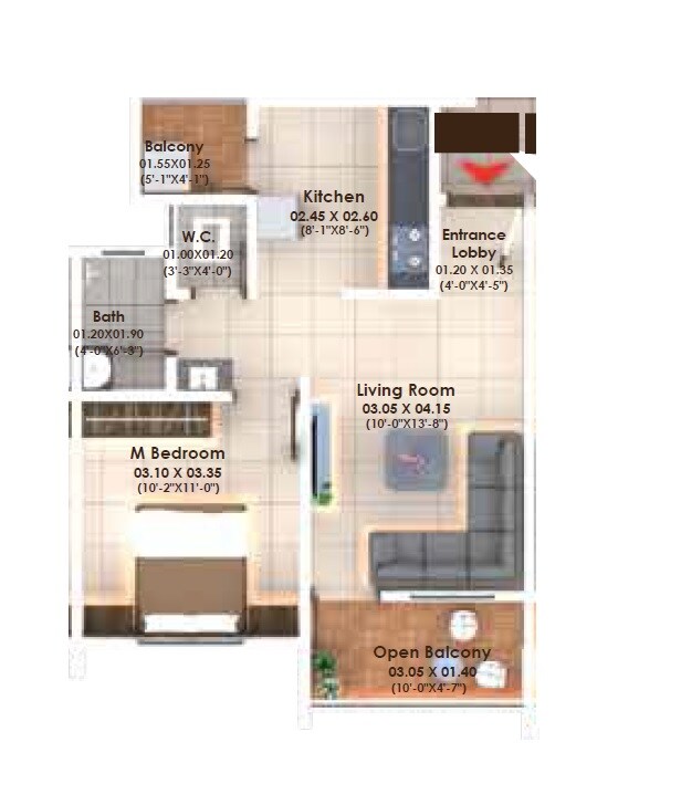 Floor plan of 1 BHK 432 Sq. Ft. Apartment in Accurate Aksha Casa Palladium, Pune