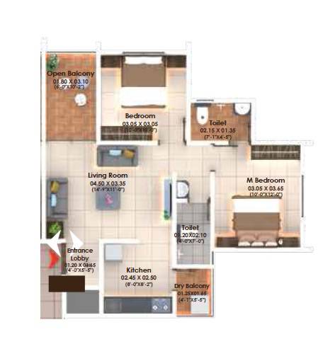 Floor plan of 2 BHK 604 Sq. Ft. Apartment in Accurate Aksha Casa Palladium, Pune