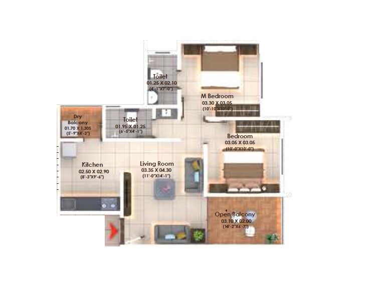 Floor plan of 2 BHK 653 Sq. Ft. Apartment in Accurate Aksha Casa Palladium, Pune