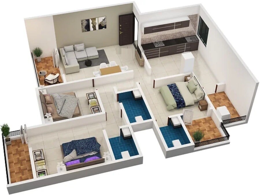 Floor plan of 3 BHK 928 Sq. Ft. Apartment in Ace Janki Crystal, Pune