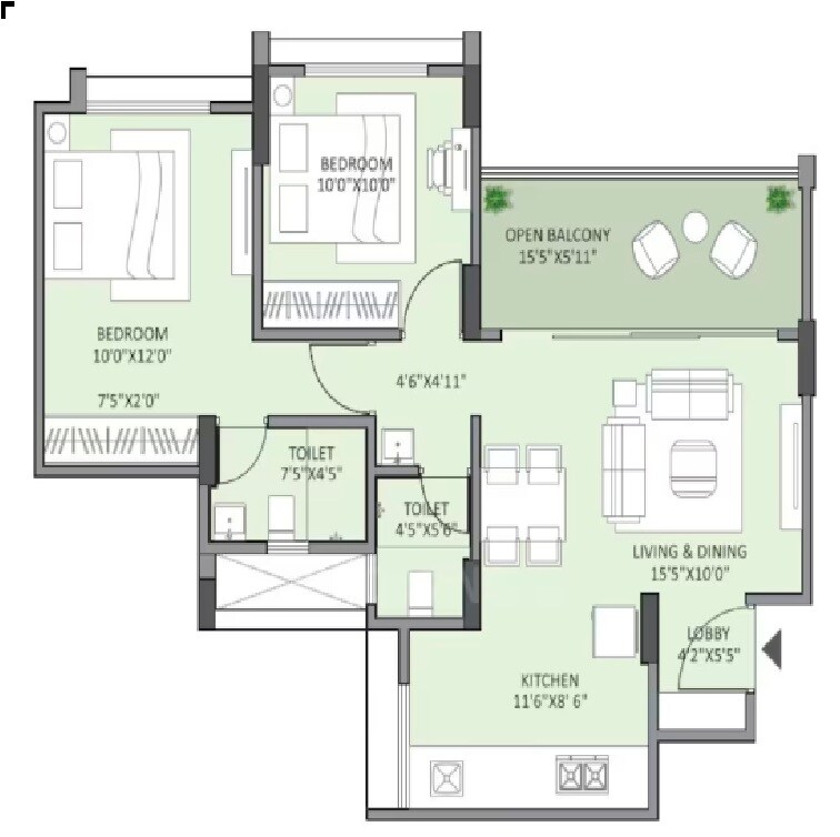 Floor plan of 2 BHK 731 Sq. Ft. Apartment in Achalare Spring Gardens, Pune