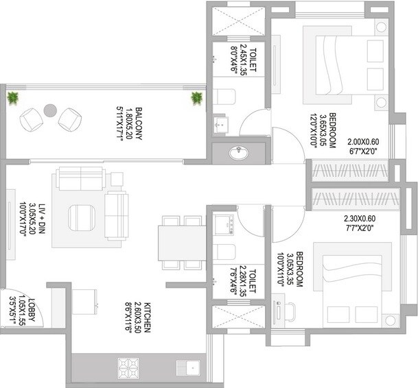 2 BHK 798 Sq. Ft. Apartment