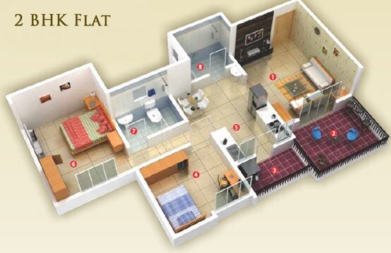 Floor plan of 2 BHK 941 Sq. Ft. Apartment in ACME Selene, Pune