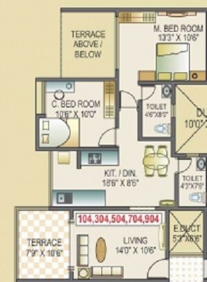 Floor plan of 2 BHK 941 Sq. Ft. Apartment in Acme Selene Apartment, Pune