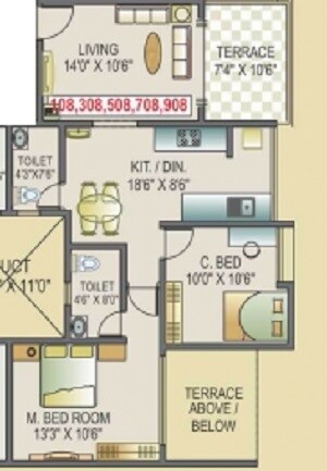 Floor plan of 2 BHK 975 Sq. Ft. Apartment in Acme Selene Apartment, Pune