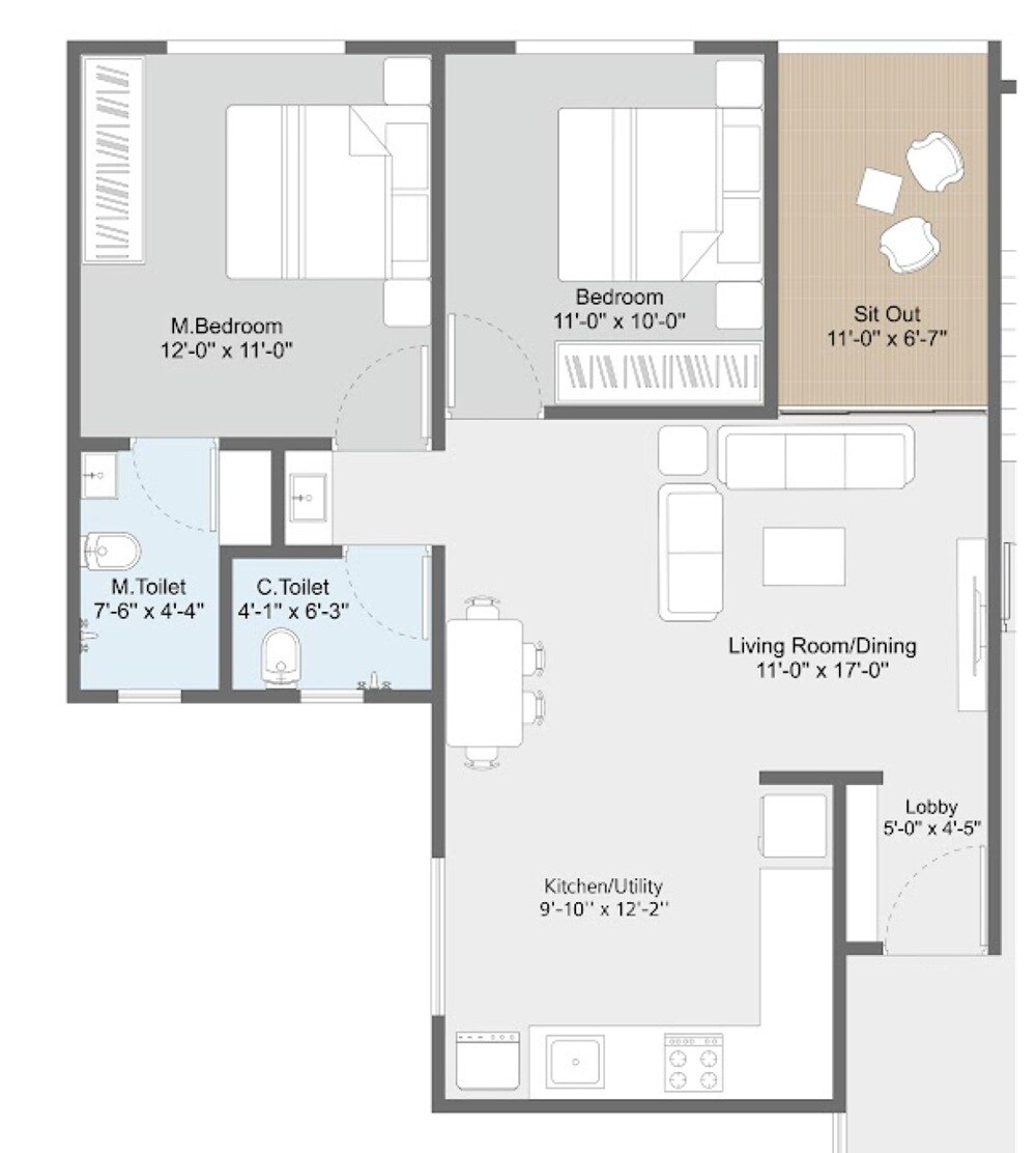 Floor plan of 2 BHK 776 Sq. Ft. Apartment in Acquest Coral Nest, Pune