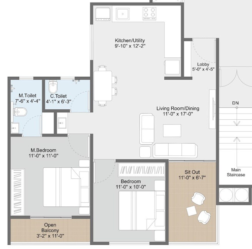 Floor plan of 2 BHK 787 Sq. Ft. Apartment in Acquest Coral Nest, Pune